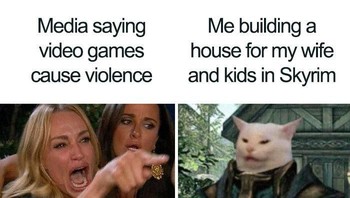 Video game memicu kekerasan? Padahal di game macam Skyrim pun tetap ada pilihan untuk hidup tenang. (Foto: via Boredpanda.com)