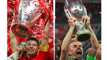 Kapten Steven Gerrard di 2005 dan kapten Jordan Henderson di 2019 sama-sama mengangkat piala di Istanbul. Foto: istimewa