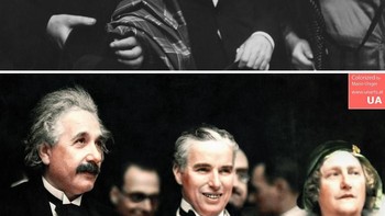 Alber Enistein dan istrinya Elsa beserta Charlie Chaplin di Pertunjukan City Lights Di Los Angeles, 1931.  Foto: Mario Unger