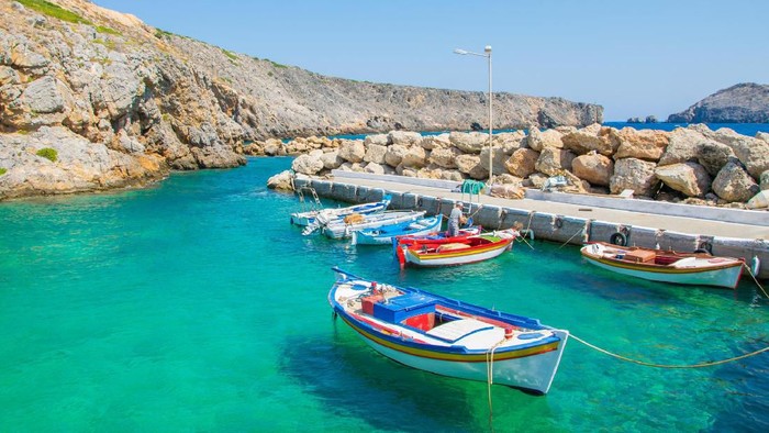 View of the Kamarela rocky beach in Antikythera island