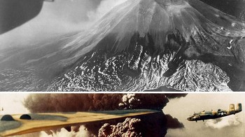 Pesawat B-25 terbang melewati gunung Vesuvius yang meletus pada 18 Maret 1944. Foto: Mario Unger