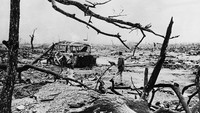 Kondisi salah satu area di Hiroshima, Jepang, usai menjadi sasaran bom atom pada 6 Agustus 1945. Pemboman dua wilayah Jepang itu menjadi pukulan berat bagi Negeri Sakura tersebut. Keystone/Getty Images.