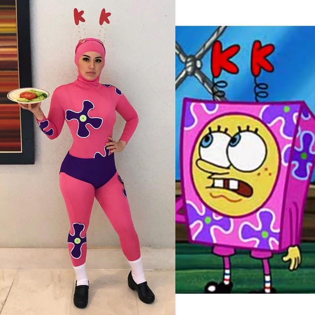 Adegan-adegan lucu dalam serial animasi SpongeBob sering muncul sebagai meme di media sosial. Seorang remaja bernama Mira Park tampaknya terinspirasi untuk menjadi versi manusia dari meme-meme kocak tersebut.  Foto: Instagram @beebinch