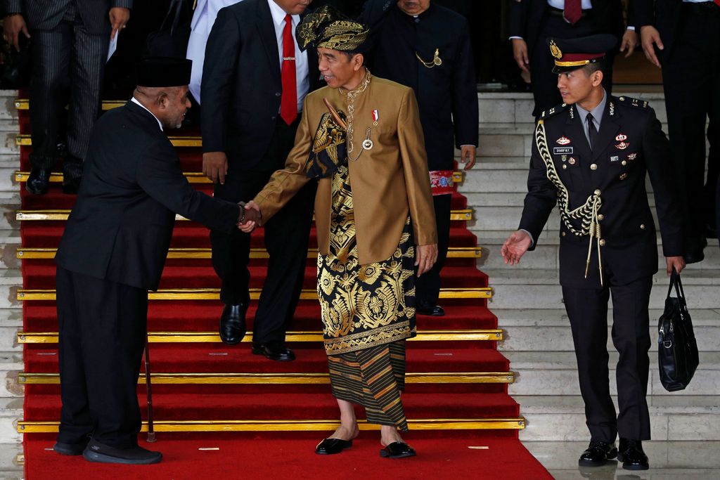 Indonesia President Joko Widodo gestures while delivering a speech in front of the parliament members ahead of Independence Day, at the parliament building in Jakarta, Indonesia, August 16, 2019 in this photo taken by Antara Foto.  Antara Foto/Sigid Kurniawan/ via REUTERS   ATTENTION EDITORS - THIS IMAGE WAS PROVIDED BY A THIRD PARTY. MANDATORY CREDIT. INDONESIA OUT.