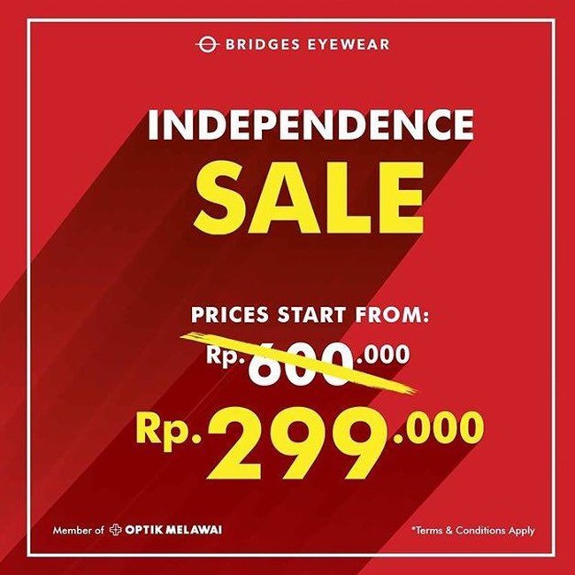 Selain baju dan sepatu, dapatkan juga kacamata dengan harga lebih miring. Promo kemerdekaan 2019 diberikan oleh Bridges Eyewear yang kini bisa didapatkan mulai dari Rp 299 ribu. Adapun ekstra diskon 17% untuk pembelian kedua selama dua hari ke depan. Foto: Twitter