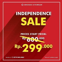 Selain baju dan sepatu, dapatkan juga kacamata dengan harga lebih miring. Promo kemerdekaan 2019 diberikan oleh Bridges Eyewear yang kini bisa didapatkan mulai dari Rp 299 ribu. Adapun ekstra diskon 17% untuk pembelian kedua selama dua hari ke depan. Foto: Twitter