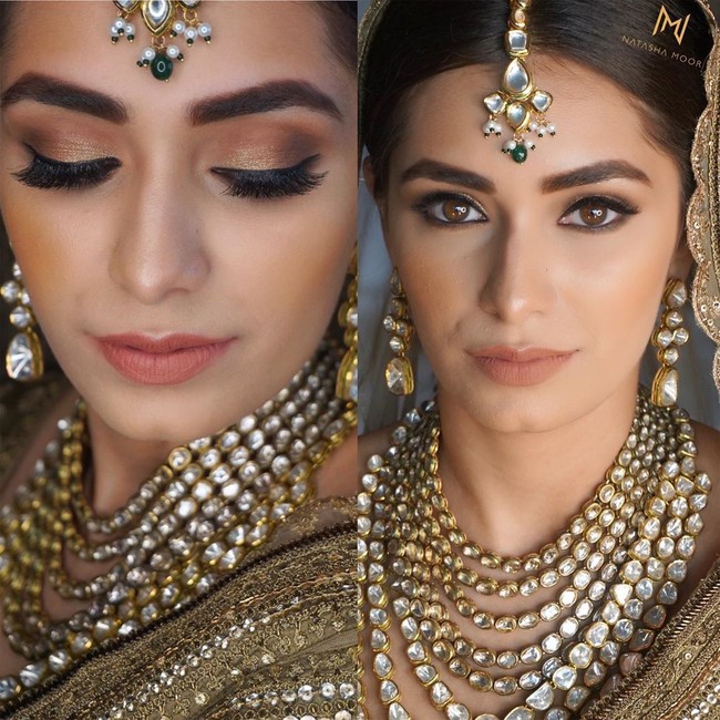 Sanjana pun berganti makeup. Kali ini, makeupnya bernuansa emas kecoklatan yang selaras dengan busananya.  Foto: dok. Instagram @natasha.moor