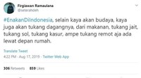 Gimana nggak enak, di Indonesia ada tukang dagang makanan mulai camilan hingga makanan berat. Ada juga tukang jahit, tukang sol, tukang kasur hingga tukang remote tv lewat di depan rumah.  Foto: twitter