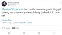 Hayoo kebiasaan siapa ini? Cuma di Indonesia bisa makan gratis dengan modal satu kalimat pendek, pakai duit lo dulu ya! Foto: twitter