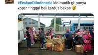 Nggak punya koper saat mau mudik? Orang Indonesia mah nggak akan panik. Cukup manfaatkan kardus mie instan maka bisa langsung jadi koper darurat. Foto: twitter
