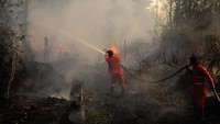 Petugas Manggala Agni Daops Banyuasin berupaya memadamkan kebakaran lahan yang terjadi di Desa Kayu Arehh, Kertapati Palembang, Sumatera Selatan, Minggu (18/8/2019). Antara Foto/Ahmad Rizki Prabu.