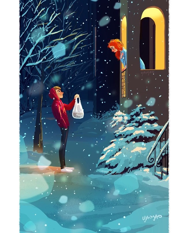 Ada seseorang yang selalu siap membantu saat dibutuhkan. Termasuk dengan mengantarkan makanan untuk kekasih meskipun harus menerjang dinginnya salju. Foto: Instagram @yaoyaomva