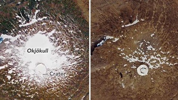 Penyusutan gletser juga terjadi pada Gunung di Islandia. Penelitian yang dilakukan pada tahun 1986-2019 menunjukan gletser yang hampir hilang di Gunung Okjokull. (cnnclimate/Instagram) Penyusutan gletser juga terjadi pada Gunung di Islandia. Penelitian yang dilakukan pada tahun 1986-2019 menunjukan gletser yang hampir hilang di Gunung Okjokull. (cnnclimate/Instagram)