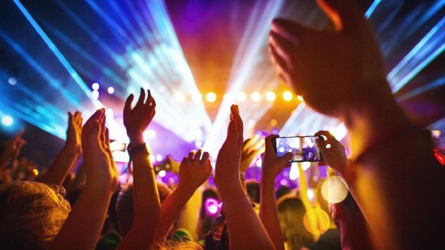 Rear view of excited crowd enjoying a DJ performance at a festival. There are many raised hands, some of the holding cell phones and taping the show.
People in foreground are released.