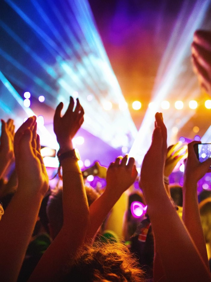 Rear view of excited crowd enjoying a DJ performance at a festival. There are many raised hands, some of the holding cell phones and taping the show.
People in foreground are released.