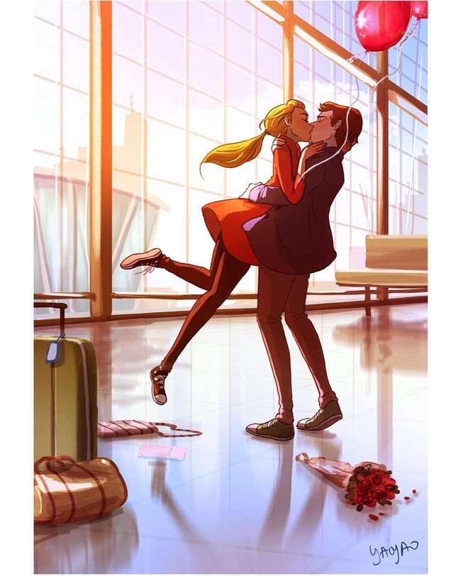 Seniman Yaoyao Ma Van As yang berbasis di Los Angeles menggambarkan ilustrasi romantis yang biasa dilakukan oleh pasangan di kehidupan sehari-hari. Foto: Instagram @yaoyaomva