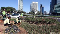 Sejumlah petugas dikerahkan untuk menanam berbagai tanaman di kawasan Bundaran HI, Jakarta.