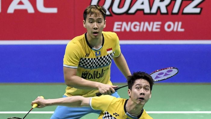 Kevin Sanjaya/Marcus Fernaldi Gideon ke final Denmark Open 2019 (Hafidz Mubarak A/aww/Antara)