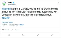 Gempa M 4,8 Guncang NTB, Terasa di Mataram dan Lombok Timur