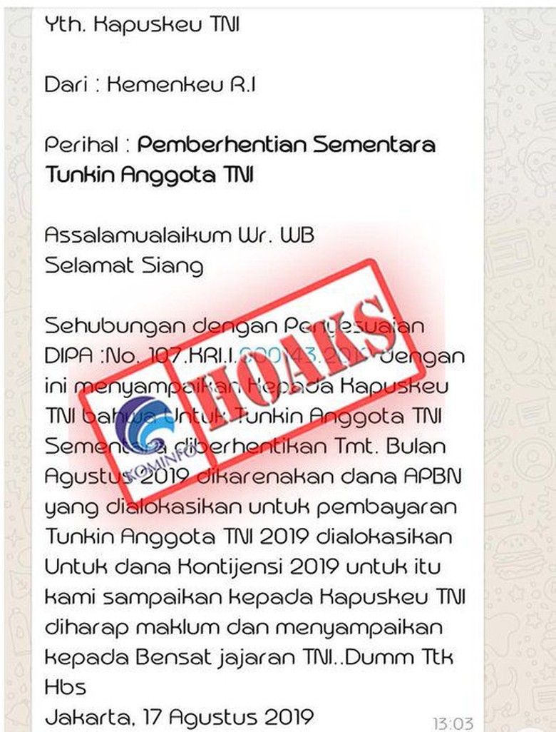 Kemhan: Kabar Tunjangan Kinerja Anggota TNI Disetop Hoax! Kemhan: Kabar Tunjangan Kinerja Anggota TNI Disetop Hoax!