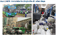 TransJakarta menguji bus listrik dengan jerigen air. 