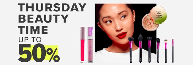 Setiap kamis Anda memanfaatkan Lazada Thursday Beauty Time untuk membeli produk-produk kecantikan. Hari ini, sejumlah kenamaan memotong harga hingga 50%, di antaranya Wet n Wild, The Body Shop, Wardah, Purbasari, Brun Brun, Lakme, dan lain-lain. Foto: Istimewa