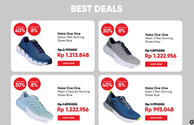 Butuh sepatu baru? Anda bisa mencari opsinya dengan harga lebih miring di iLOTTE. Situs belanja tersebut menawarkan Skechers dengan diskon 40% + 8%. E-commerce itu mendiskon berbagai varian sepatu Hoka One One berbagai warna. Foto: Istimewa