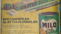 Pada tahun 1980, Milo memasarkan produk mereka lengkap dengan bonus alat tulis sekolah. Mulai dari penggaris, penghapus, rautan, penggaris, hingga pensil. Foto: Istimewa