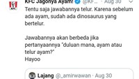 Ada juga yang menggoda admin dengan tebak-tebakan. Jawaban dari mimin KFC ini bikin netizen seolah lagi berinteraksi dengan temannya. Seru! Foto: twitter @kfcindonesia