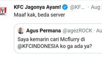 Duh ada pertanyaan nyasar nih. Ia menanyakan ketersediaan produk yang justru milik fast food lain.  Foto: twitter @kfcindonesia