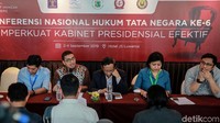 Konferensi tersebut menghasilkan sejumlah rekomendasi terkait kabinet presidensil yang efektif. Ada empat subtopik dalam KNHTN, yang meliputi posisi tawar presiden dan partaipartai dalam penyusunan kabinet, postur kabinet dan komposisi menteri untuk membentuk kabinet yang efektif, relasi kabinet dengan DPR dan DPD, serta hubungan kabinet dengan pemerintah daerah.