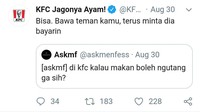 Nah ini salah satu netizen yang memancing jawaban kocak. Ya kali makan di restoran fast food mau ngutang.  Foto: twitter @kfcindonesia