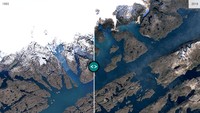 Jumlah es yang mencair di kawasan Greenland sangat mengejutkan para peneliti. Salah satu glestser di Greenland telah menipis hingga 100 meter sejak tahun 2004. (BBC)