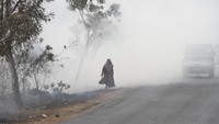 Kebakaran ini menyebabkan kabut asap yang menggangu aktivitas warga. ANTARA FOTO/Bayu Pratama S.