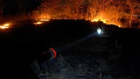 Api nampak menjalar dan membakar area lahan di Desa Timbuseng, Kabupaten Gowa, Sulawesi Selatan.