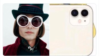 Kamera iPhone 11 disandingkan dengan Willy Wonka berkacamata. Foto: istimewa