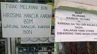 Kali ini bukan desain spanduk yang mencuri perhatian, tetapi tulisan soal bon di warung. Katanya warung hancur karena bon. Foto: Istimewa
