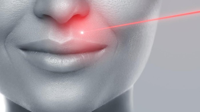Cometology. Closeup Of Beautiful Sexy Woman Face With Smooth Skin And Perfect Makeup. Portrait Of Girl Before Plastic Surgery With Laser Marks On Facial Skin. Cosmetic Treatment. High Resolution