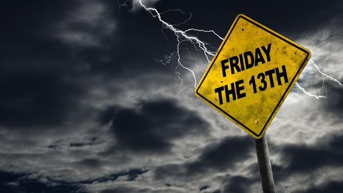 Friday the 13th sign against a stormy background with lightning and copy space. Dirty and angled sign adds to the drama.