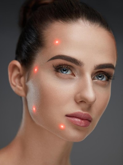 Ilustrasi Perawatan Laser Untuk Wajah Cometology. Closeup Of Beautiful Sexy Woman Face With Smooth Skin And Perfect Makeup. Portrait Of Girl Before Plastic Surgery With Laser Marks On Facial Skin. Cosmetic Treatment. High Resolution