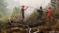 Yandri membantu pemadaman sebagai bentuk dukungan terhadap seluruh petugas yang tengah berjibaku memadamkan kebakaran hutan dan lahan di Provinsi Riau. Antara Foto/Rony Muharrman.