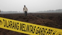 Petugas Ditjen Penegakan Hukum Kementerian Lingkungan Hidup dan Kehutanan (KLHK) berjalan usai menyegel lahan perusahaan asal Malaysia PT Adei Plantation and Industry di Kabupaten Pelalawan, Riau, Jumat (13/9/2019). ANTARA FOTO/Hadly Vavaldi.