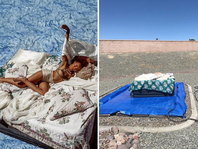 Untuk seolah-olah sedang tidur di tengah lautan, Kihmberlie menyulap taman berbatu menjadi tempat pemotretan. Hasilnya pun menakjubkan. Foto: Instagram @kihmberlie