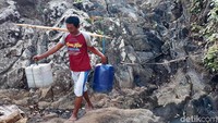 Warga mengambil air rembesan pohon beringin itu menggunakan jeriken. 