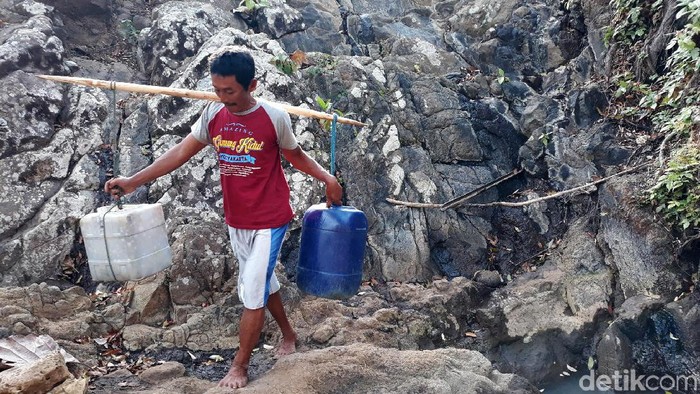Puncak musim kemarau, warga Gunungkidul memanfaatkan rembesan air dari pohon beringin untuk kebutuhan sehari-hari. Mereka rela bolak balik demi mendapatkan air.
