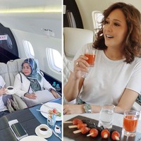 Kaus putih simpel sama-sama jadi pilihan gaya Syahrini dan Maia Estianty saat naik jet pribadi.  Foto: Instagram @princessyahrini, @maiaestiantyreal