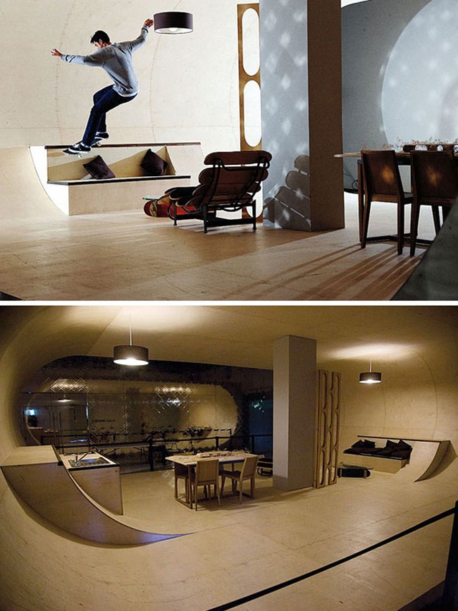2. Rumah Skateboard Sesuai dengan namanya, rumah ini memungkinkan kamu bermain skateboard hampir di semua sisi rumah. Sang arsitek, Pierre Andre Senizergues, memang mendesain rumah ini untuk bermain skateboard. Pierre yang juga seorang pemain skateboard andal ini rencananya membangung rumah tersebut di Malibu, California, AS. (Foto: Dok. Boredpanda)