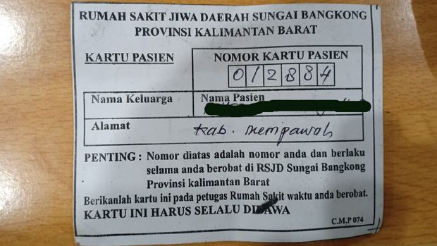 Kartu pasien RSJ Daerah Sungai Bangkong yang ditemukan pada pria yang diamankan di depan kantor Gubernur Kalbar