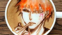 Anime Jepang yang satu ini pasti dikenal. Ada Bleach yang menghias kopi hangat. Nao bahkan juga memberikan warna yang menarik.  Foto: instagram @nao_barista