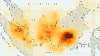 Peta data karbon pada 17 September 2019 dari permodelan GEOS Forward Processing (GEOS-FP). Tampak api yang begitu parah di tengah Kalimantan menyebar sampai ke arah Natuna (dok NASA)